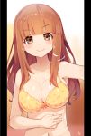  1girl armpits artist_name bangs bare_shoulders bikini bikini_top blunt_bangs blush breasts breath brown_hair cleavage closed_mouth collarbone eyebrows eyebrows_visible_through_hair floral_print girls_und_panzer gradient gradient_background hand_on_own_stomach large_breasts light_brown_hair long_hair looking_at_viewer meth_(emethmeth) navel pillarboxed simple_background smile solo stomach swimsuit takebe_saori upper_body yellow_bikini_top 