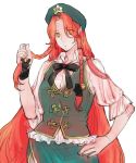  1girl alternate_eye_color asakura_noi beret braid chinese_clothes hand_on_hip hat hong_meiling long_hair looking_at_viewer puffy_sleeves redhead solo touhou twin_braids yellow_eyes 