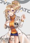  1girl artist_name bespectacled blonde_hair blue_skirt breasts character_name copyright_name cowboy_shot emblem glasses hair_ornament hand_on_breast hand_on_own_chest labcoat large_breasts logo long_sleeves looking_at_viewer mercy_(overwatch) miniskirt negister open_mouth overwatch ponytail ribbed_sweater skin_tight skirt solo sweater swiss_flag turtleneck watermark web_address wing_print yellow_sweater 