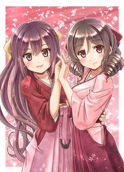  2girls black_eyes brown_hair drill_hair hakama harukaze_(kantai_collection) japanese_clothes kamikaze_(kantai_collection) kantai_collection kimono long_hair meiji_schoolgirl_uniform multiple_girls red_eyes twin_drills zan 