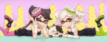  +_+ +_- 2girls aori_(splatoon) ass bare_shoulders black_dress black_hair blush bow breasts cat cleavage detached_collar directional_arrow domino_mask dress eyebrows fangs food food_on_head gloves green_legwear hair_bow hands_on_own_face hat highres hotaru_(splatoon) jajji-kun_(splatoon) leg_up long_hair lying mask mole mole_under_eye multiple_girls object_on_head on_stomach one_eye_closed open_mouth pantyhose paws purple_legwear riko_(sorube) short_hair short_jumpsuit silver_hair smile splatoon strapless symbol-shaped_pupils tentacle_hair tentacles thick_eyebrows white_gloves yellow_eyes yellow_sclera 