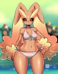  1girl animal_ears bikini breasts cleavage dark_skin furry kenron_toqueen lopunny navel nintendo pokemon pokemon_(creature) rabbit_ears smile solo_focus stomach swimsuit 