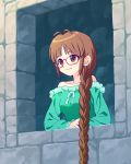  1girl akizuki_ritsuko antenna_hair braid brick_wall brown_hair closed_mouth collarbone dress eyebrows eyebrows_visible_through_hair green_dress green_ribbon hiboshi_daizu idolmaster indoors long_hair long_sleeves looking_afar off-shoulder_dress off_shoulder rapunzel rapunzel_(grimm) red-framed_eyewear ribbon single_braid smile solo tareme upper_body very_long_hair window 