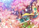  1girl blush bow brown_hair butakimuchi cherry_blossoms closed_eyes green_skirt hair_bow hakama house japanese_clothes kimono long_hair original own_hands_together petals plant potted_plant red_bow sitting skirt solo very_long_hair wind 