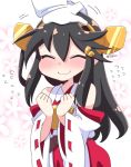  1girl black_hair blush closed_eyes detached_sleeves flying_sweatdrops hairband hand_on_another&#039;s_head haruna_(kantai_collection) japanese_clothes kantai_collection long_hair nontraditional_miko petting solo_focus tsukko_(3ki2ne10) twitter_username wavy_mouth wide_sleeves 