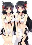  2girls :d alternate_costume bikini bikini_skirt black_hair blush breasts cleavage flower fusou_(kantai_collection) hair_flower hair_ornament heart-shaped_lock highres jewelry kantai_collection large_breasts long_hair looking_at_viewer multiple_girls necklace open_mouth red_eyes ring sakura_umi sarong short_hair smile swimsuit twitter_username wedding_band white_bikini yamashiro_(kantai_collection) 