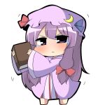  &gt;:&lt; 1girl :&lt; blue_ribbon blush book bow capelet chibi crescent double_bun dress full_body hair_between_eyes hair_bow hair_ornament hair_ribbon hat hat_ribbon holding holding_book long_hair looking_at_viewer mob_cap patchouli_knowledge purple_hair red_ribbon ribbon solo striped striped_dress tears touhou trembling tress_ribbon twumi very_long_hair violet_eyes wide_sleeves 