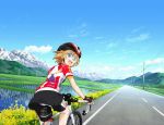  1girl bicycle bike_shorts blonde_hair blue_eyes clouds ground_vehicle highres kurata_ami long_riders looking_back mountain rice_paddy road short_hair smile solo telephone_pole 