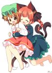  2girls :d ^_^ animal_ears artist_name barefoot brown_eyes brown_hair cat_ears cat_tail chen closed_eyes commentary_request dress fang full_body hug hug_from_behind kaenbyou_rin long_sleeves multiple_girls multiple_tails nekomata open_mouth pila-pela red_dress short_hair smile tail touhou two_tails 