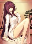  1girl arm_support bare_legs fate/grand_order fate_(series) highres kauto long_hair purple_hair red_eyes ribbed_sweater scathach_(fate/grand_order) solo sweater thighs 