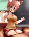 1girl animal_ears breasts brown_eyes brown_hair fang futatsuiwa_mamizou glasses highres holding impossible_clothes impossible_shirt mimikaki open_mouth raccoon_ears raccoon_tail red-framed_eyewear semi-rimless_glasses shirt sitting skirt smile solo tail touhou under-rim_glasses yoshiyuki_(14330975) 