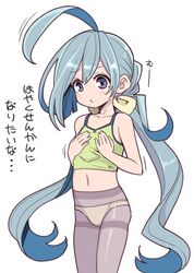  1girl ahoge bare_shoulders blue_eyes blue_hair camisole collarbone commentary flat_chest hair_bun hair_ribbon hanauna hands_on_own_chest huge_ahoge kantai_collection kiyoshimo_(kantai_collection) long_hair low_twintails multicolored_hair navel panties panties_under_pantyhose pantyhose polka_dot purple_legwear ribbon solo strap_slip translated twintails underwear very_long_hair 