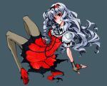  1girl black_gloves breasts fingerless_gloves gloves grey_legwear hair_ornament hairband high_heels idolmaster jewelry long_hair looking_at_viewer my_dear_vampire nail_polish nayutarou_(nyt_kag) necklace pantyhose red_eyes red_nails shijou_takane silver_hair simple_background smile solo 