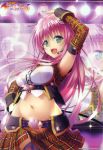  1girl absurdres ahoge copyright_name detached_sleeves green_eyes hand_on_hip highres huge_filesize lala_satalin_deviluke long_hair microphone midriff navel open_mouth pink_hair skirt solo to_love-ru to_love-ru_darkness 