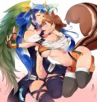  2girls animal_ears asymmetrical_wings black_legwear blazblue blue_hair blush bow breasts brown_hair choker closed_eyes collarbone crossover dizzy feathers fingerless_gloves gloves gradient gradient_background guilty_gear hair_bow hair_rings highres long_hair makoto_nanaya miniskirt multicolored_hair multiple_girls orange_skirt pink_background revealing_clothes rurouni187 shiny shiny_skin short_hair skirt smile squirrel_ears squirrel_tail tail thigh-highs twintails two-tone_hair under_boob white_background white_hair wings yellow_bow 