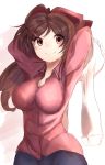 1girl absurdres alternate_costume arms_up breasts brown_eyes brown_hair closed_mouth hair_ornament hairclip highres kantai_collection large_breasts light_smile long_hair looking_at_viewer mamiya_(kantai_collection) ranf solo 