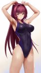  1girl adjusting_hair alternate_costume armpits arms_up bangs black_swimsuit blue_swimsuit breasts breasts_apart bunching_hair clenched_teeth competition_swimsuit covered_navel cowboy_shot fate/grand_order fate_(series) gradient gradient_background hair_intakes hair_tie highres hips impossible_clothes impossible_swimsuit jilllxlxl large_breasts legs_apart long_hair looking_at_viewer mouth_hold one-piece_swimsuit parted_lips purple_hair red_eyes scathach_(fate/grand_order) shiny shiny_clothes shiny_hair skin_tight solo standing swimsuit teeth thighs tying_hair very_long_hair wet wet_clothes wet_swimsuit 
