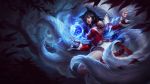  1girl ahri animal_ears bare_shoulders black_hair breasts cleavage detached_sleeves energy_ball facial_mark fox_ears fox_tail highres korean_clothes large_breasts league_of_legends lipstick long_hair makeup multiple_tails nail_polish red_nails slit_pupils solo tail whisker_markings yellow_eyes 