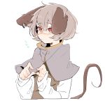  1girl animal_ears blouse blush capelet earrings embarrassed fingers_together frown grey_hair jewelry long_sleeves looking_at_viewer mouse_ears mouse_tail namataro nazrin red_eyes short_hair solo sweatdrop tail tareme touhou upper_body white_background 