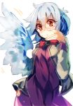  1girl bei_mochi bird_wings blush breasts brooch chromatic_aberration contrapposto cowboy_shot hand_on_hip hand_on_own_face highres hips jewelry kishin_sagume long_sleeves looking_down red_eyes short_hair silver_hair simple_background single_wing sketch solo sweatdrop touhou white_background wings 