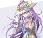  1boy adjusting_clothes adjusting_hat blue_eyes coat collarbone dated gloves hat hat_feather hermes_(p&amp;d) highres jewelry kozakura_(dictionary) long_hair looking_at_viewer male_focus necklace one_eye_closed puzzle_&amp;_dragons smile solo very_long_hair violet_eyes white_gloves 