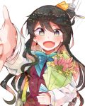  1girl black_hair bouquet bow bowtie dress fang flower hair_ribbon itomugi-kun kantai_collection long_hair long_sleeves looking_at_viewer machinery multicolored_hair naganami_(kantai_collection) open_hand open_mouth outstretched_arm pink_hair ribbon school_uniform shirt sleeveless sleeveless_dress smile solo torpedo white_shirt yellow_eyes 
