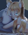  1girl animal_ears blonde_hair blue_eyes blush breasts fang fang_out fox_ears kuro-hero large_breasts lips long_hair looking_at_viewer lying nude on_stomach original pillow pillow_hug smile solo 
