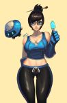  1girl alternate_eye_color artist_request bangs bare_shoulders beads black-framed_eyewear black_pants blue_gloves breasts brown_hair character_name cleavage collarbone cowboy_shot crop_top drone floating glasses gloves hair_bun hair_ornament hair_stick holding large_breasts looking_at_viewer mei_(overwatch) midriff navel overwatch pants popsicle robot short_hair sidelocks simple_background solo swept_bangs tank_top yellow_background 