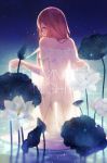  1girl artist_request blue_eyes cyannism english flower highres lily_pad looking_back lotus original redhead see-through_silhouette solo star translucent wading 