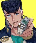  1boy blue_eyes blue_hair cigarette cigarette_box earrings foreshortening gakuran heart higashikata_jousuke highres jewelry jojo_no_kimyou_na_bouken male_focus offering peace_symbol pin pompadour school_uniform smoking solo stud_earrings supocon yellow_background zipper 