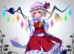  &gt;:d 1girl :d ascot blonde_hair blush chromatic_aberration commentary_request crystal fang flandre_scarlet frilled_shirt_collar frills hat hat_ribbon highres koto_seori laevatein looking_at_viewer mob_cap open_mouth puffy_short_sleeves puffy_sleeves red_eyes red_ribbon red_skirt ribbon short_sleeves side_ponytail skirt skirt_set smile solo touhou wings 