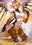  1girl aurora_rokudo backlighting black_gloves blonde_hair blue_eyes blue_sky bodysuit breasts brown_legwear clouds contrapposto cowboy_shot eyelashes gloves glowing glowing_wings high_ponytail highres lips long_hair mechanical_halo mechanical_wings medium_breasts mercy_(overwatch) nose outdoors overwatch pantyhose parted_lips ponytail sky solo wings 