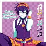  1boy absurdres artist_name beamed_quavers checkered checkered_background choker closed_eyes hairband happy_birthday headphones highres jojo_no_kimyou_na_bouken lolitaii male_focus musical_note narancia_ghirga purple_hair signature smile solo 