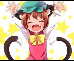  1girl ^_^ animal_ears blush brown_hair cat_ears cat_tail chen closed_eyes fang hand_up hat makuran mob_cap multiple_tails open_mouth piercing short_hair solo star tail touhou two_tails 