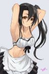  1girl alternate_costume apron arm_behind_head armpits arms_up artist_name bare_shoulders black_hair breasts brown_eyes collarbone enmaided eyebrows eyebrows_visible_through_hair grey_background hair_between_eyes kantai_collection long_hair looking_at_viewer maid maid_apron maid_headdress medium_breasts nachi_(kantai_collection) navel side_ponytail simple_background solo waist_apron yanagi_wakana 