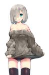  1girl absurdres ass ass_visible_through_thighs bare_shoulders black_legwear black_panties blue_eyes blush breasts hair_over_one_eye hamakaze_(kantai_collection) highres kantai_collection kumashou_(nabeyama_kaidou) large_breasts looking_at_viewer panties ribbed_sweater silver_hair simple_background smile solo sweater thigh-highs thigh_gap thighs underwear white_background 