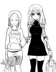  2girls bald black_sclera cyborg dress genderswap genderswap_(mtf) genos groceries hood hoodie long_hair looking_at_viewer monochrome multiple_girls mytyl one-punch_man oppai_hoodie saitama_(one-punch_man) 