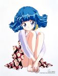  1997 1girl 90s aqua_hair artist_name bare_legs barefoot blue_eyes company_name copyright_request daisy dated floral_print flower folded full_body legs_together long_sleeves official_art rolfee see-through simple_background sitting smile solo tadano_kazuko tonari_no_princess_rolfee white_background 