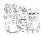  3girls closed_eyes domino_mask if_they_mated inkling jacket long_hair mask monochrome multiple_girls pointy_ears scarf simple_background smile splatoon takozonesu tentacle_hair translated wife_and_wife yuta_agc 