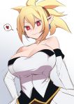  1girl bare_shoulders blonde_hair blush breasts cleavage demon_girl detached_sleeves disgaea dress earrings hand_on_hip heart huge_breasts jewelry makai_senki_disgaea_2 maydrawfag pointy_ears red_eyes rozalin scrunchie smile solo spoken_heart strapless strapless_dress 