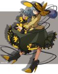  1girl blouse blue_eyes boots bow dated ear_piercing frills full_body grin hair_over_one_eye hat hat_bow high_heel_boots high_heels highres komeiji_koishi long_hair long_sleeves looking_at_viewer namataro phone piercing silhouette silver_hair skirt smile solo third_eye touhou wide_sleeves 