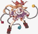  1girl ball_and_chain blonde_hair blouse boots bow chain fingernails full_body grin hair_bow highres horn_ribbon horns ibuki_suika long_hair looking_at_viewer namataro neck_ribbon oni red_eyes ribbon sharp_fingernails skirt smile solo torn_clothes torn_sleeves touhou white_background wrist_cuffs 