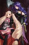  2girls axe blonde_hair breasts camilla_(fire_emblem_if) cleavage collaboration curly_hair drill_hair elise_(fire_emblem_if) fire_emblem fire_emblem_if hair_over_one_eye highres ishutani large_breasts looking_at_viewer multiple_girls naso4 nintendo purple_hair siblings tiara twin_drills twintails weapon 