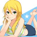  1girl ahoge blonde_hair deca_purio green_eyes hoshii_miki idolmaster long_hair looking_at_viewer lying on_stomach smile solo striped_tank_top 