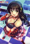  1girl absurdres black_hair breasts checkered checkered_floor cleavage collarbone detached_sleeves fingerless_gloves gloves highres huge_filesize kotegawa_yui long_hair looking_at_viewer midriff navel navle open_mouth red_gloves red_skirt skirt solo to_love-ru to_love-ru_darkness yellow_eyes 