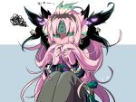  1boy bracelet cauchemar_(p&amp;d) dated demon demon_horns earrings green_eyes green_hair highres horns jewelry kozakura_(dictionary) long_hair multicolored_hair pentagram pink_hair pink_skin playing_with_own_hair pointy_ears pout puzzle_&amp;_dragons sitting solo squiggle very_long_hair 