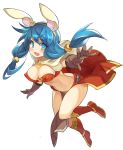  1girl animal_ears bandeau blue_eyes blue_hair blush boots breasts capelet cleavage fake_animal_ears gloves long_hair mage_(ragnarok_online) midriff open_mouth outstretched_hand pelvic_curtain rabbit_ears ragnarok_online showgirl_skirt smile solo tsuderou twintails wind wind_lift 