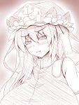  1girl alternate_breast_size alternate_hairstyle blush breasts hat huge_breasts long_hair looking_at_viewer monochrome parmiria puffy_cheeks shiki_eiki solo touhou 