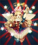  1girl ahoge american_flag_legwear american_flag_shirt blonde_hair chromatic_aberration clownpiece commentary_request dress fire full_body hat highres jester_cap juggling_club long_hair looking_at_viewer neck_ruff no-kan open_mouth outstretched_arm pantyhose petticoat polka_dot red_eyes shirt short_sleeves smile solo star star_print striped teeth torch touhou very_long_hair 