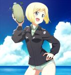  1girl blonde_hair blue_eyes canteen clouds contrapposto cowboy_shot erica_hartmann film_grain hand_on_hip hand_up holding horizon looking_to_the_side ocean open_mouth pose shiratama_(hockey) short_hair sky smile solo strike_witches texture uniform water 